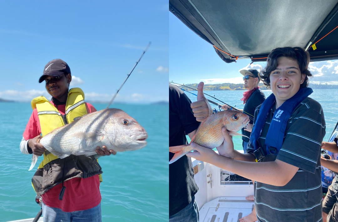 Rangatahi catching fish and on the boat at Canfish 2025