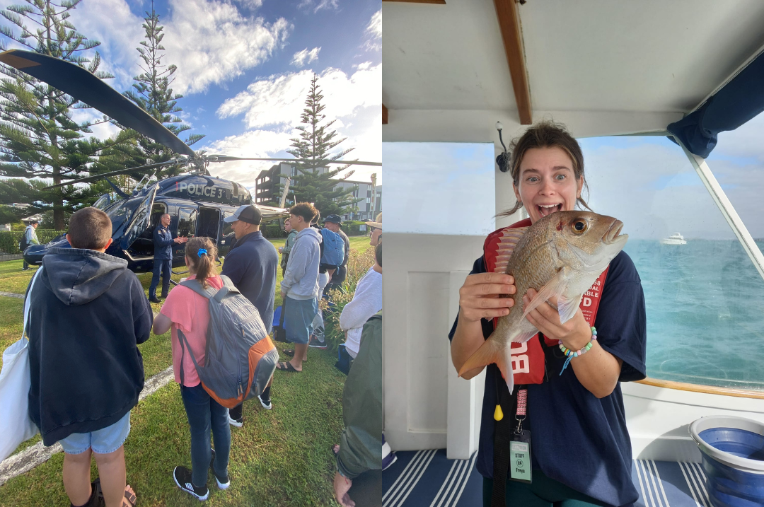 Rangatahi at CanFish looking at a police helicopter and catching fish