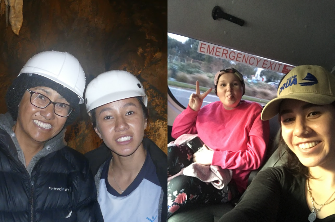Collage of photos: Ella with her mum, and Ella with another rangatahi